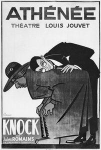 Plakat, der reklamerer for en forestilling af Knock or the Triumph of medicine af Jules Romains (1885-1972) på Theatre Athenee (sort foto)